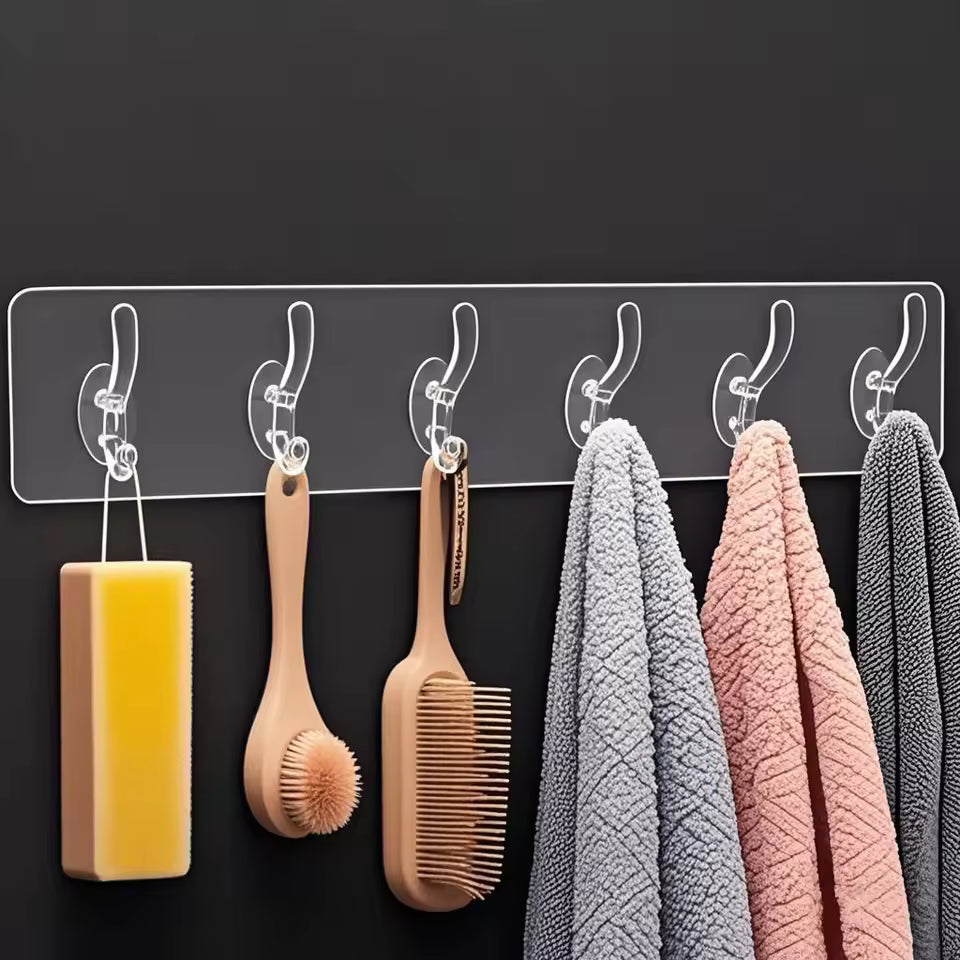 Self Adhesive 6 Row Transparent Wall Hooks | Pack of 3
