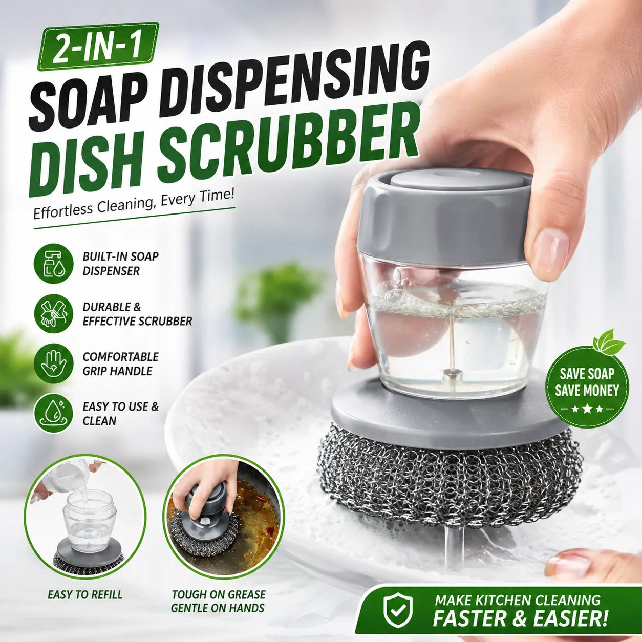 Buy 1 Get 1 FREE | Kitchen Dish Scrubber with Soap Dispenser | 2 Pcs