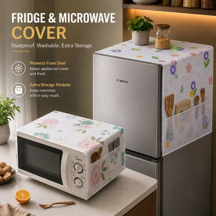 Fridge + Microwave Oven Cover Top with Storage Pockets – Dustproof & Washable