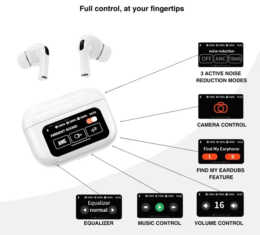 A9 Pro Wireless Earbuds Bluetooth Headphones with Smart Touch Screen ANC
