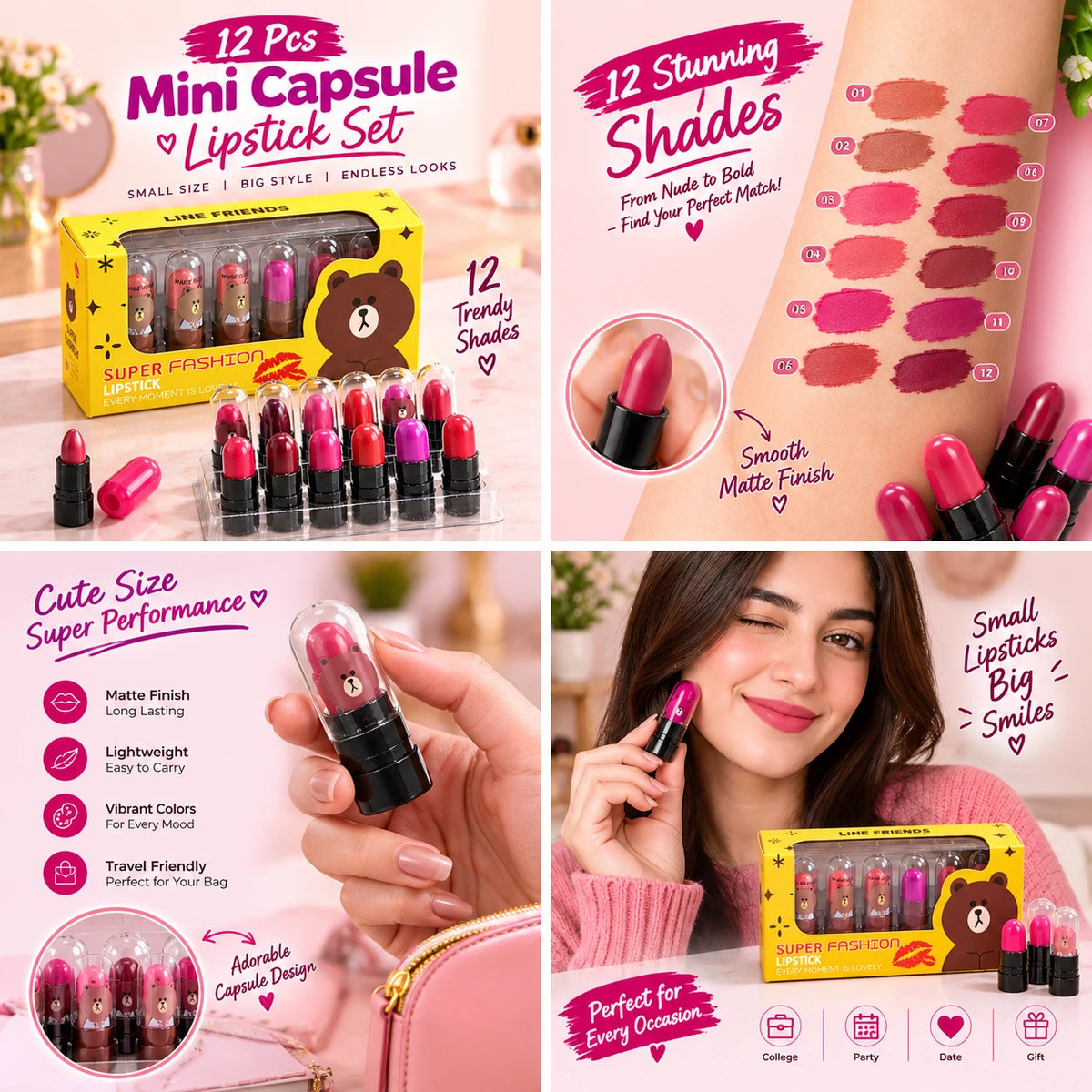 12 Pcs Mini Capsule Lipstick Set – Assorted Matte Shades | Compact & Travel-Friendly Lipsticks