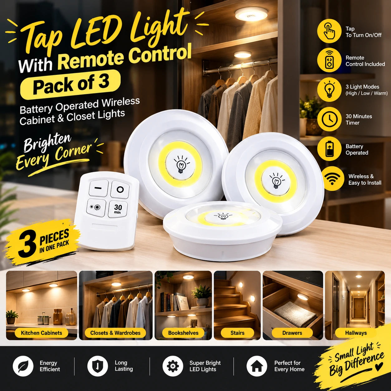 Wireless Tap LED Lights with Remote – Pack of 3 | Cabinet & Closet Lights