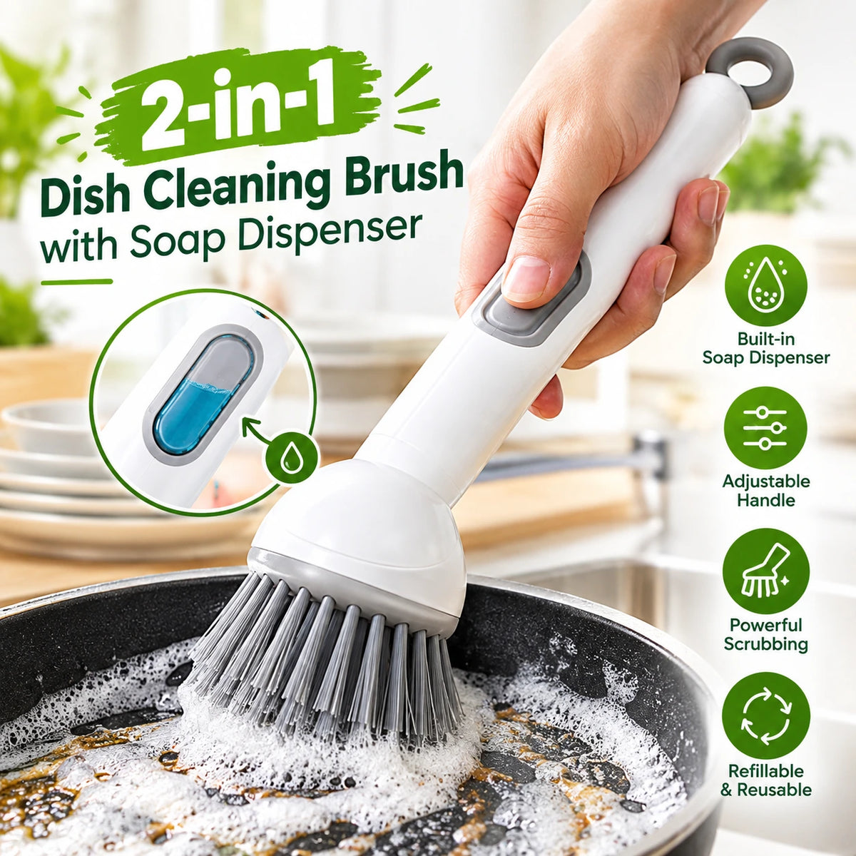 2-in-1 Adjustable Handle Dish Cleaning Brush with Soap Dispenser