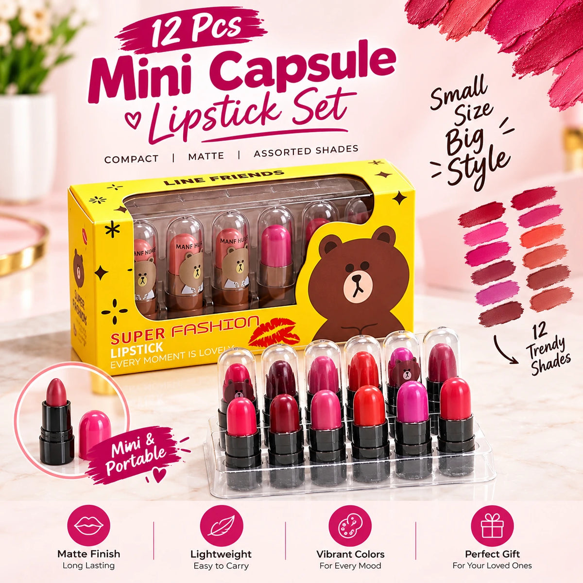 12 Pcs Mini Capsule Lipstick Set – Assorted Matte Shades | Compact & Travel-Friendly Lipsticks