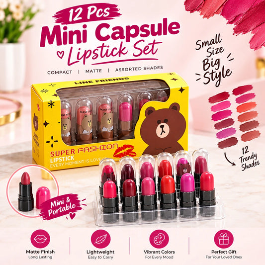 12 Pcs Mini Capsule Lipstick Set – Assorted Matte Shades | Compact & Travel-Friendly Lipsticks